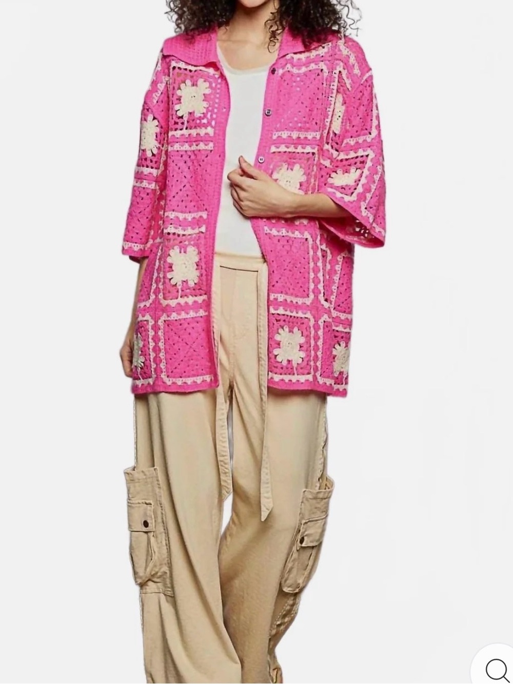 POL Button Collar Granny Square Crochet Top In Pink Multi